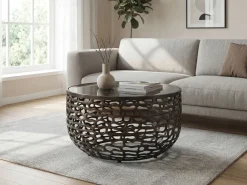 Stolik kawowy 60cm Alu Szkło Stolik do salonu Okrągły Metalowy Pomocniczy