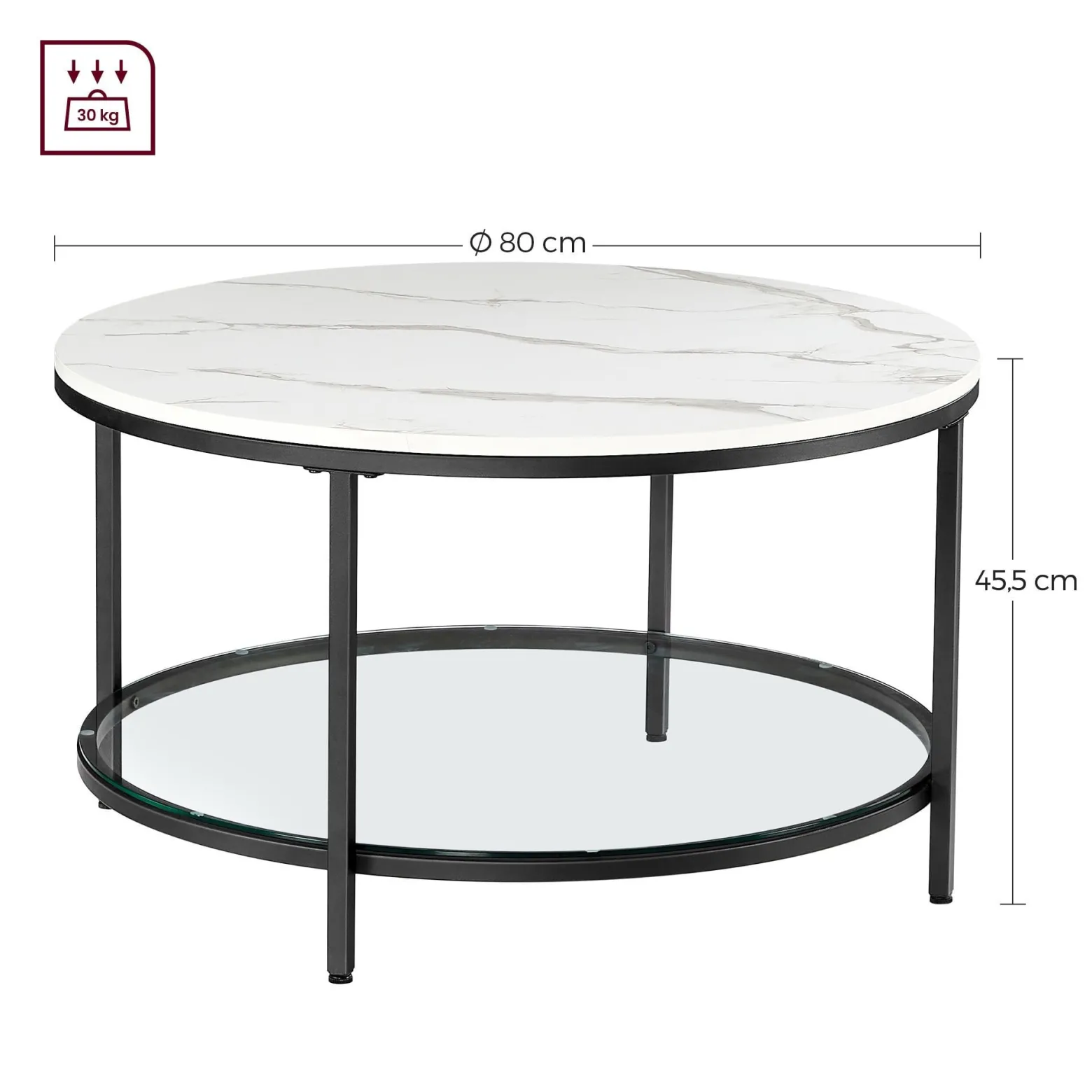 Stolik kawowy imitacja marmuru 2 poziomy szklana półka 80 cm