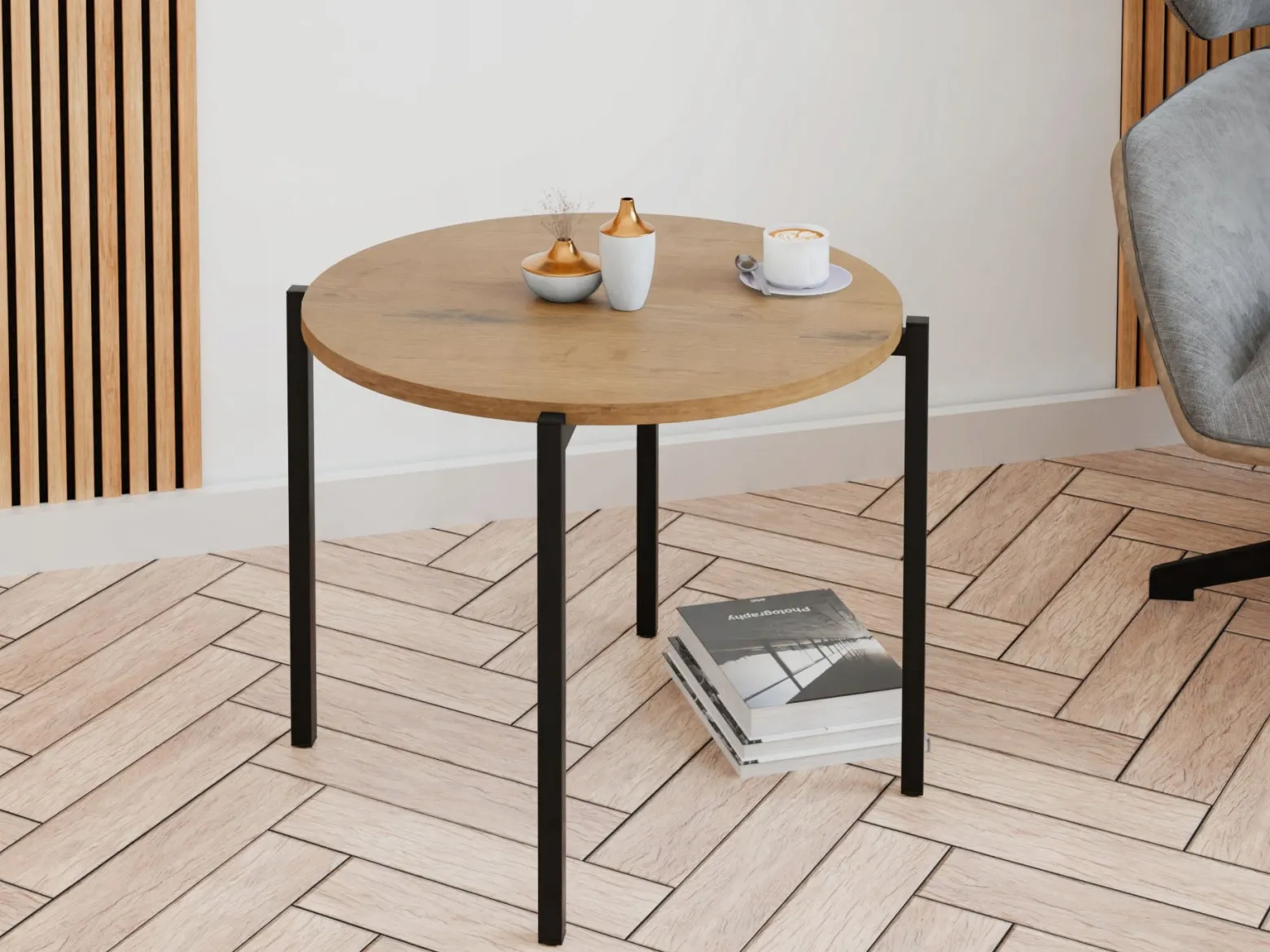 Stolik kawowy okrągły loft 55x55x46 cm metalowy czarny