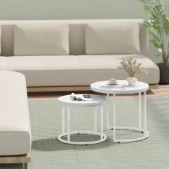 Stolik kawowy okrągły 2 szt marmur białe nogi 53/43 cm zestaw salon