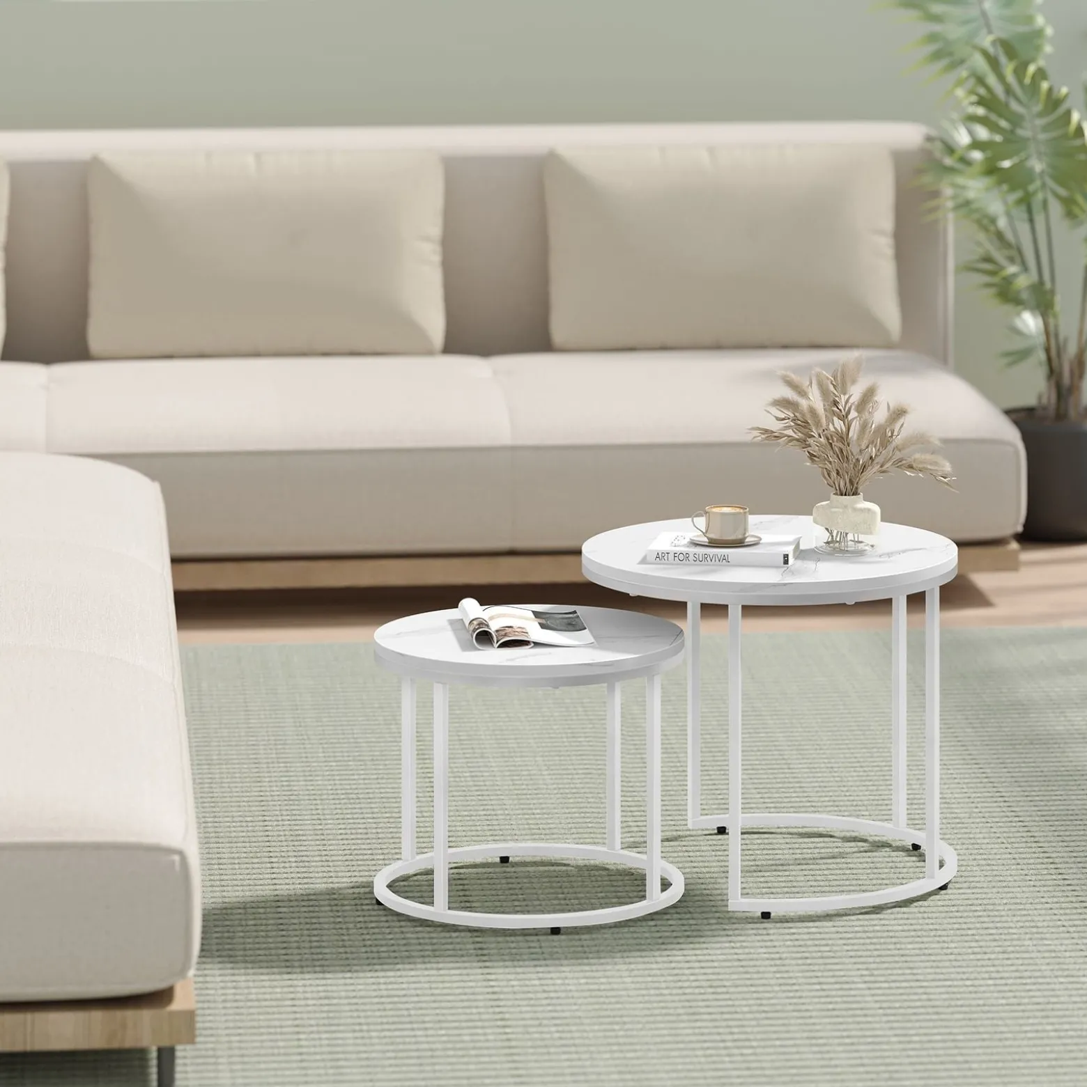 Stolik kawowy okrągły 2 szt marmur białe nogi 53/43 cm zestaw salon