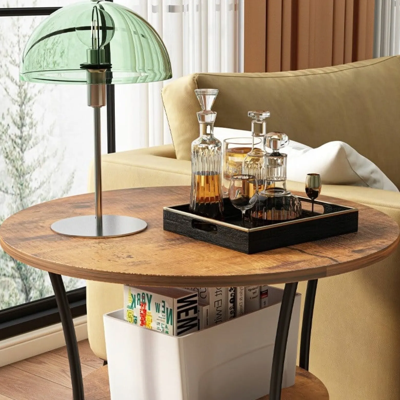 Stolik kawowy okrągły z półką brąz loft 55 cm