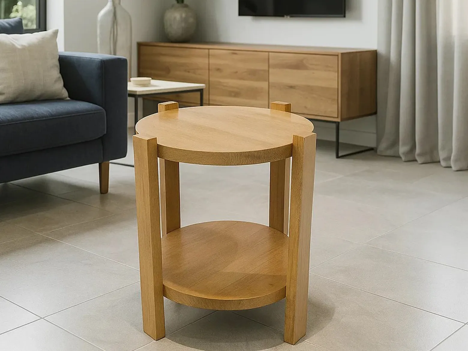 Stolik kawowy Porta okrągły 40 cm z litego drewna z półką, kolor dębowy