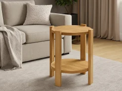 Stolik kawowy Porta okrągły 40 cm z litego drewna z półką, kolor dębowy