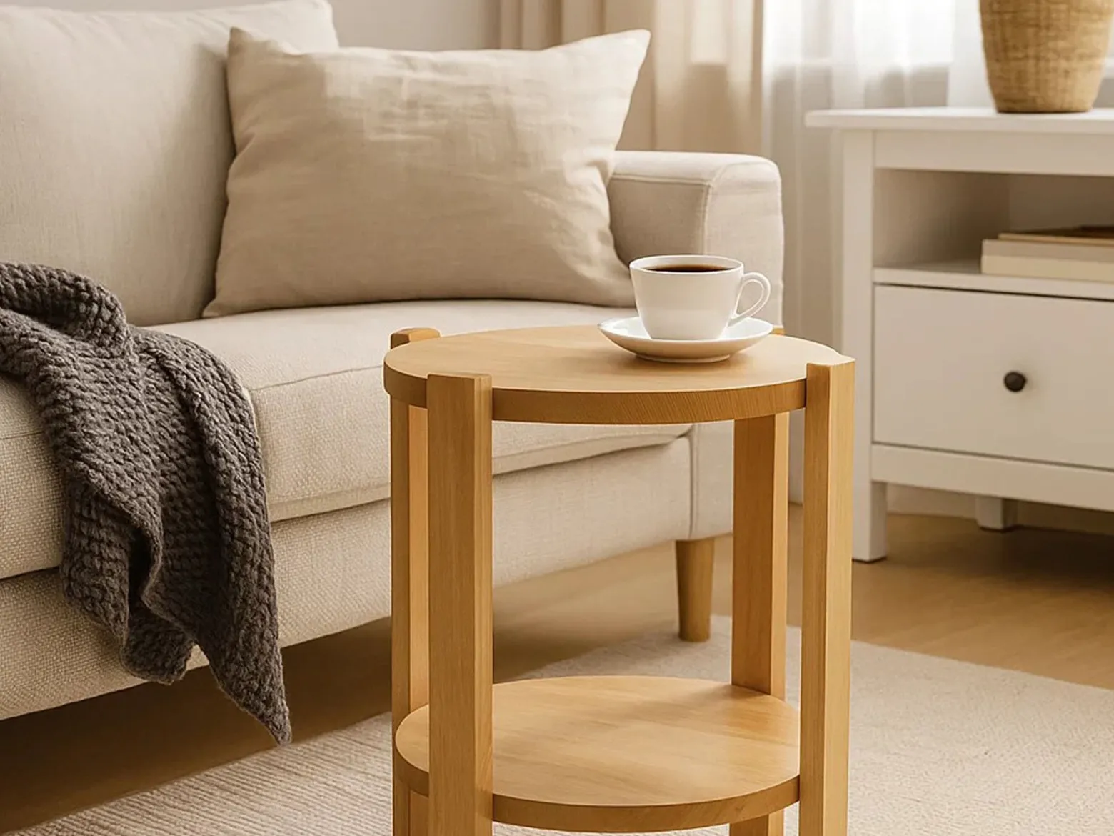 Stolik kawowy Porta okrągły 40 cm z litego drewna z półką, kolor dębowy