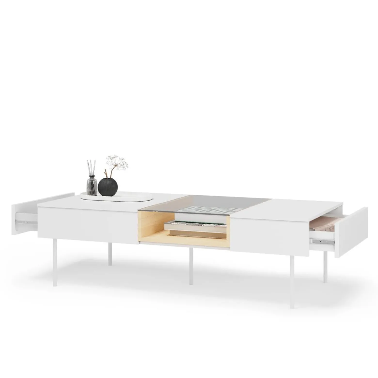 Stolik kawowy przeszklony 2 szuflady LIBA 132x39 cm Biały