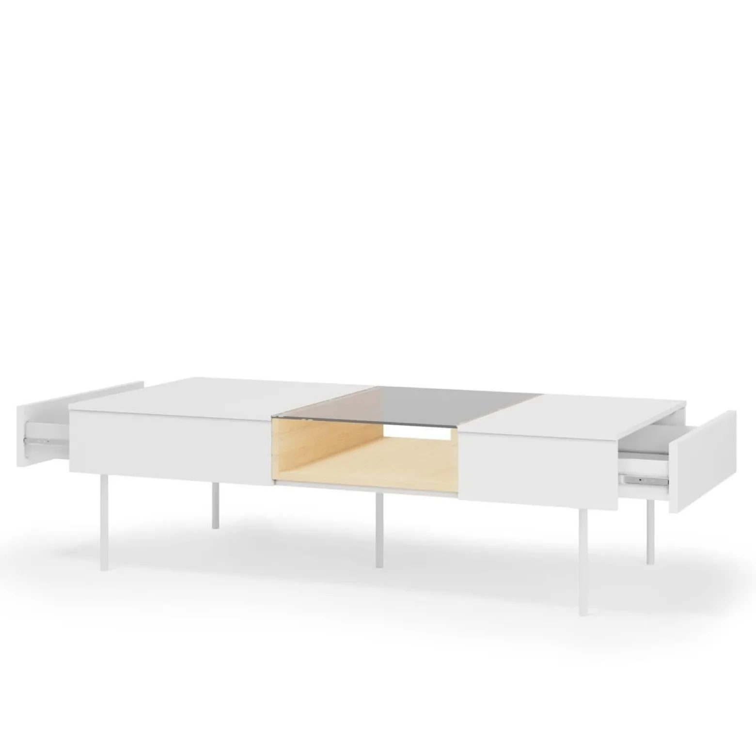 Stolik kawowy przeszklony 2 szuflady LIBA 132x39 cm Biały