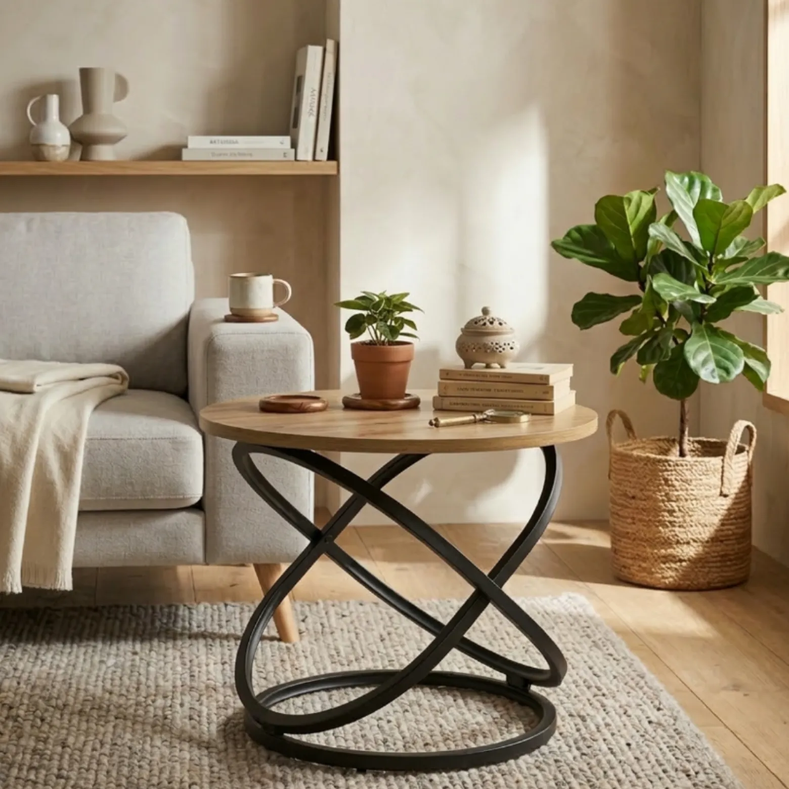 Stolik kawowy Selvia LOFT okrągły 60 cm, blat MDF w kolorze drewna, metal