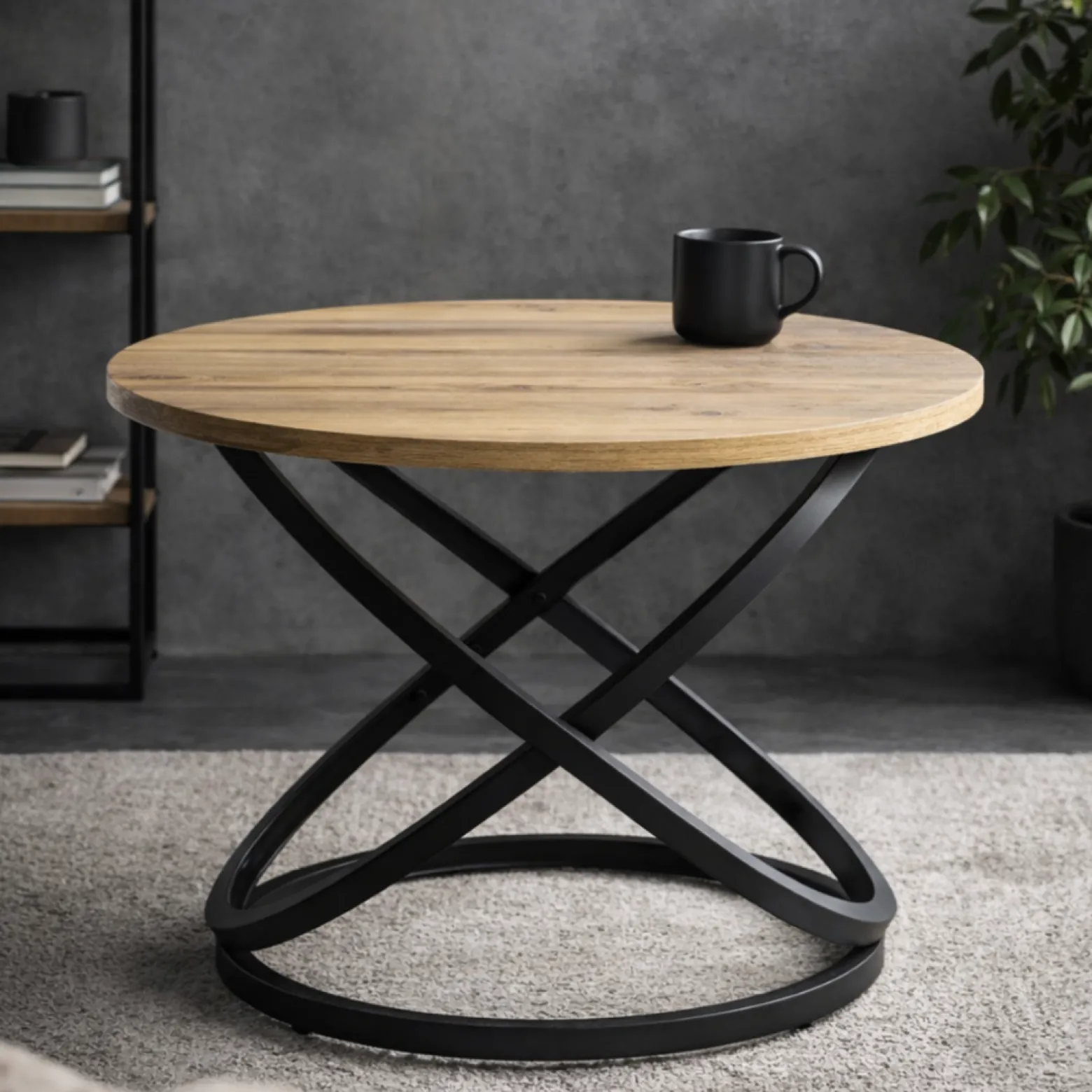 Stolik kawowy Selvia LOFT okrągły 60 cm, blat MDF w kolorze drewna, metal