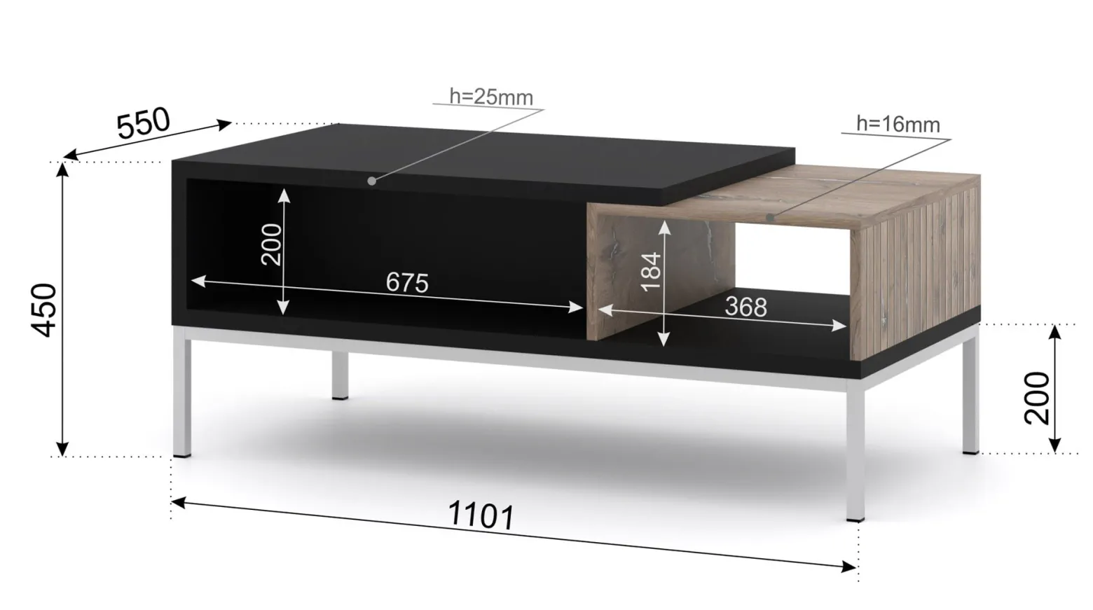 Stolik kawowy TOLEDO 110x55 cm dąb flagstaff / czarny mat
