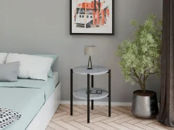 Stolik nocny okrągły loft z półką 35x35x46 cm metalowy czarny