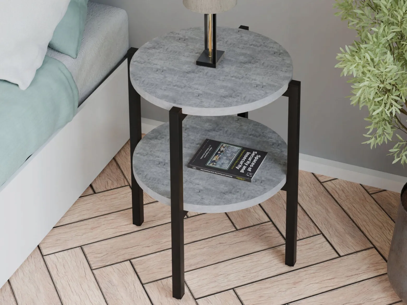 Stolik nocny okrągły loft z półką 35x35x46 cm metalowy czarny