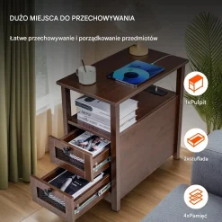 Stolik nocny wąski z szufladą USB i gniazdkami do sypialni brązowy