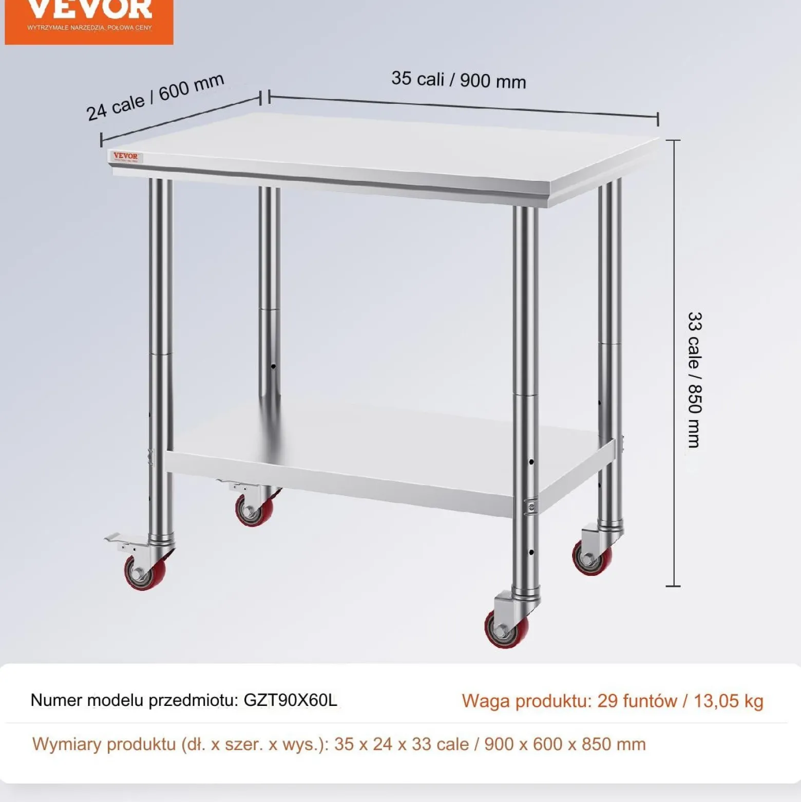 Stół roboczy ze stali nierdzewnej – Nośność 317 kg 90x60x80 cm