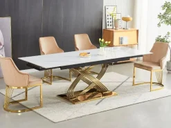 Stół rozkładany HERMES II 160x90 cm biały marmur/ złoty