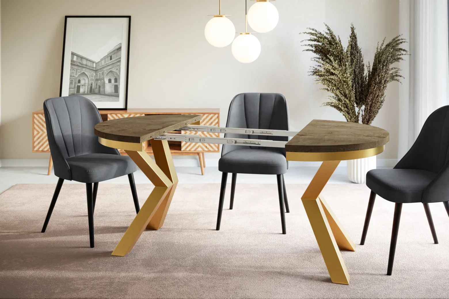 Stół rozkładany okrągły LOFT 100/176 dąb Lefkas/złoty