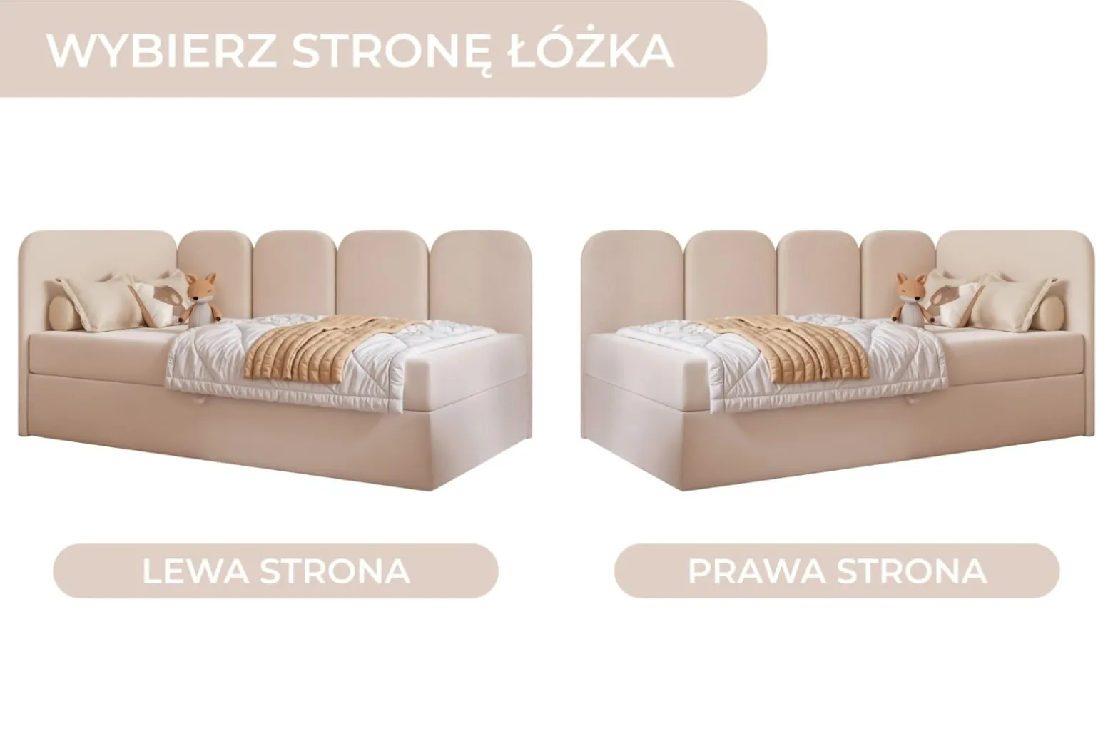 Stylowe łóżko dziecięce beżowe w miękkiej tkaninie boucle DREAMY