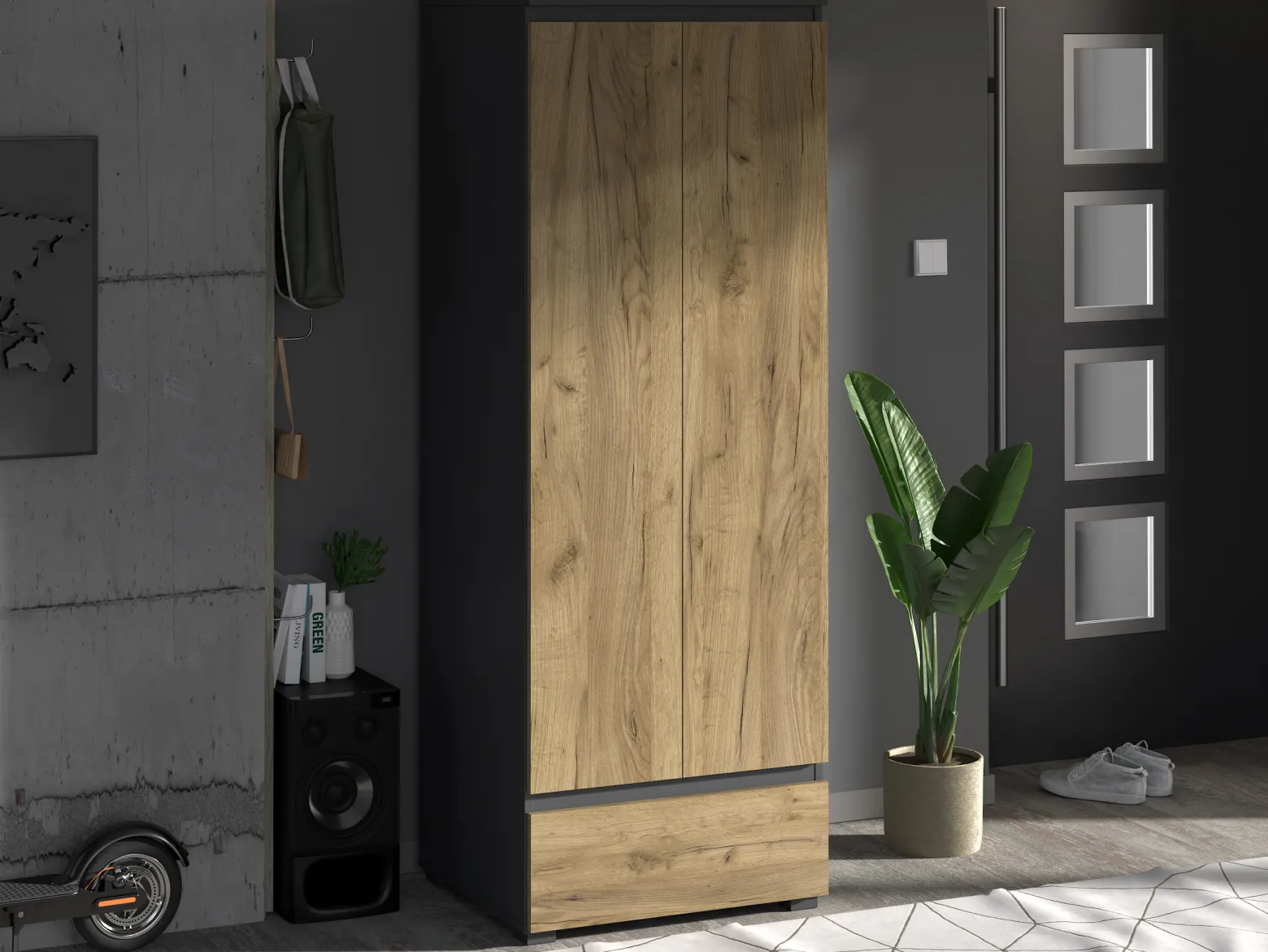 Szafa ubraniowa NEO 04 antracyt / dąb craft z półką, drążkiem i szufladą