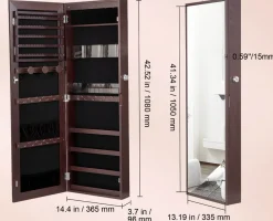 Szafa na biżuterię z lustrem LED 108cm montaż ścienny zamykana brązowa