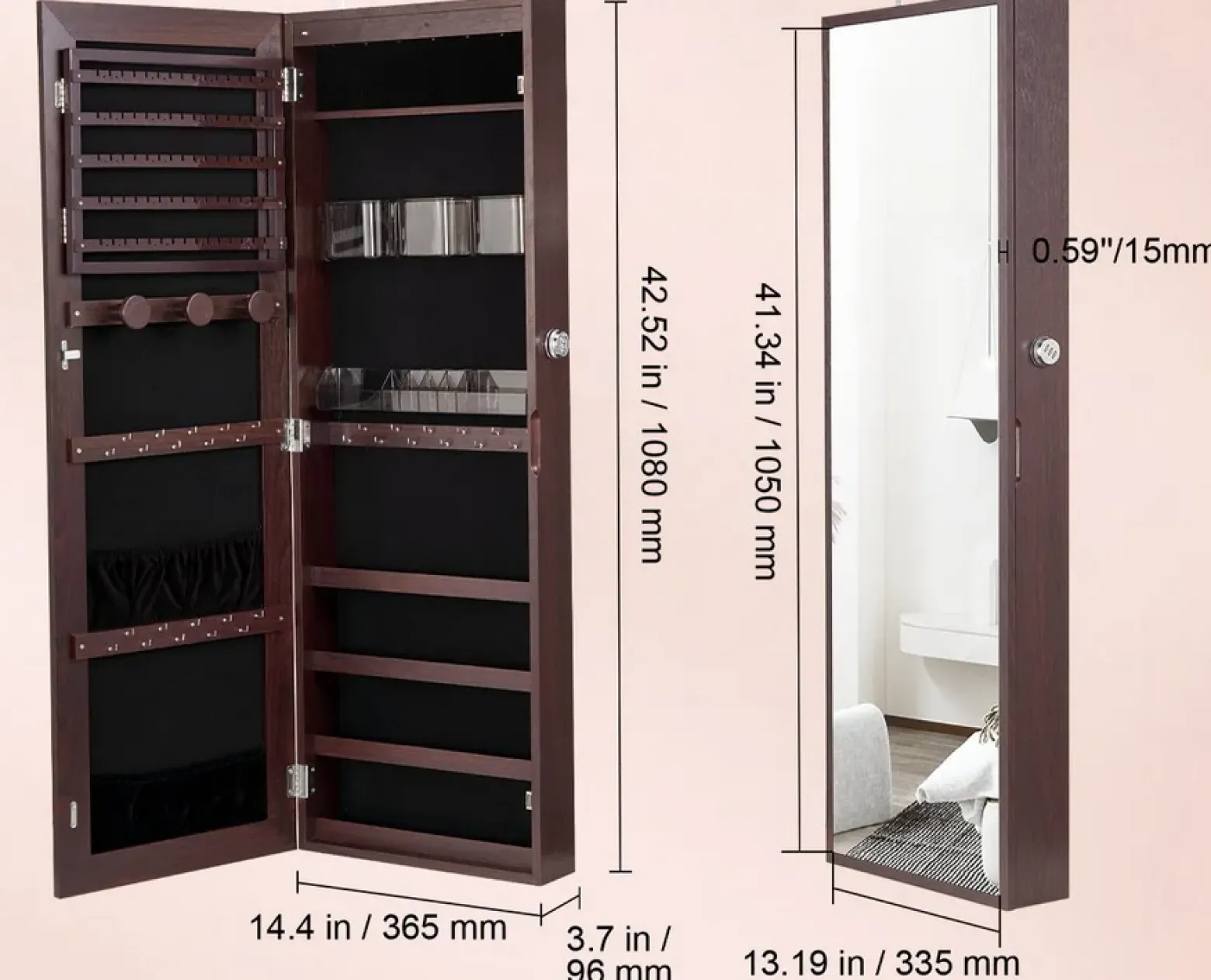 Szafa na biżuterię z lustrem LED 108cm montaż ścienny zamykana brązowa