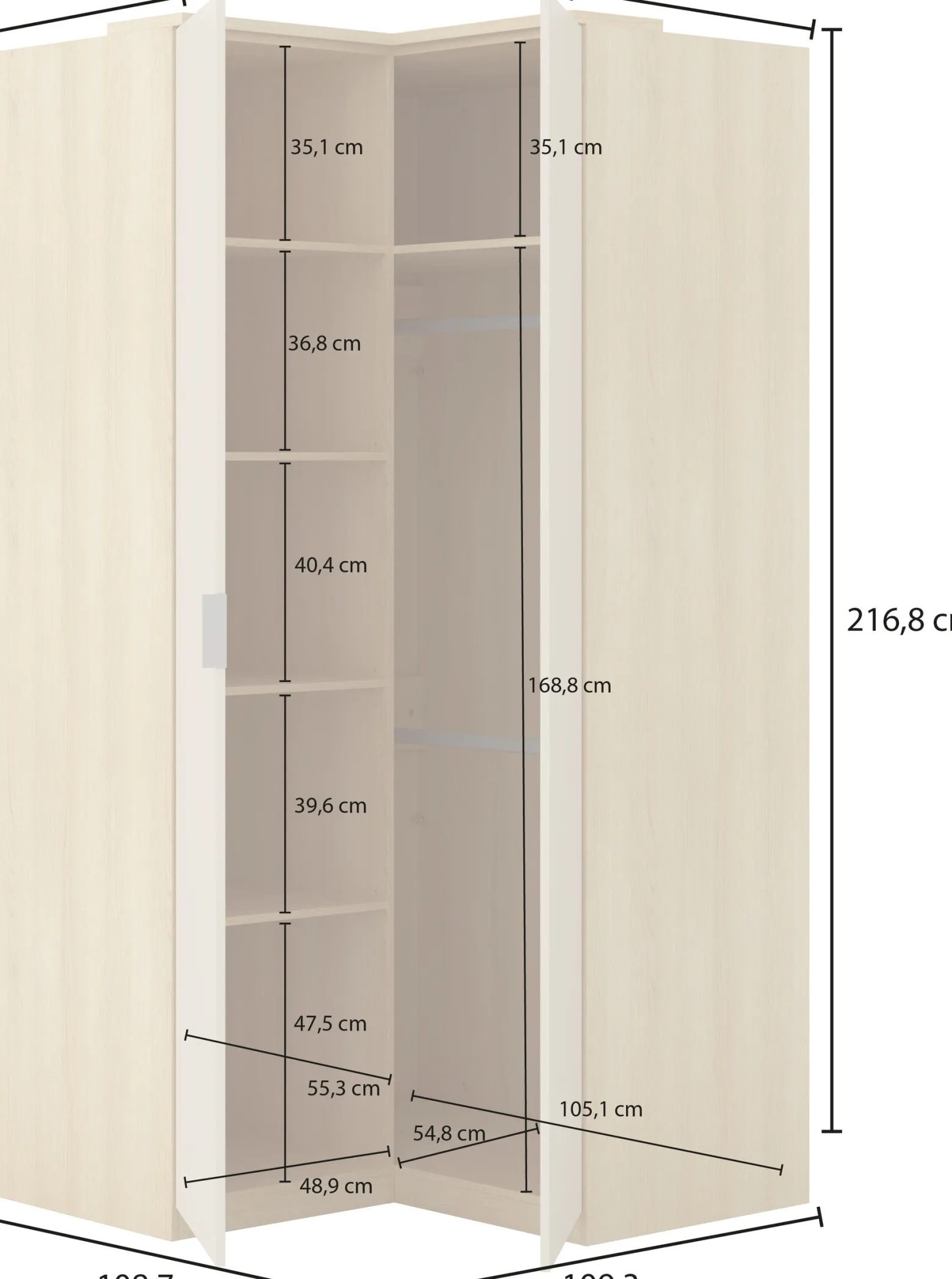 Szafa narożna 109 cm z półkami i drążkiem TERRA