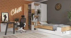 Szafa narożna lewostronna Homeland 136 cm garderoba z 2 drzwiami i 3 szufladami biały/dąb artisan