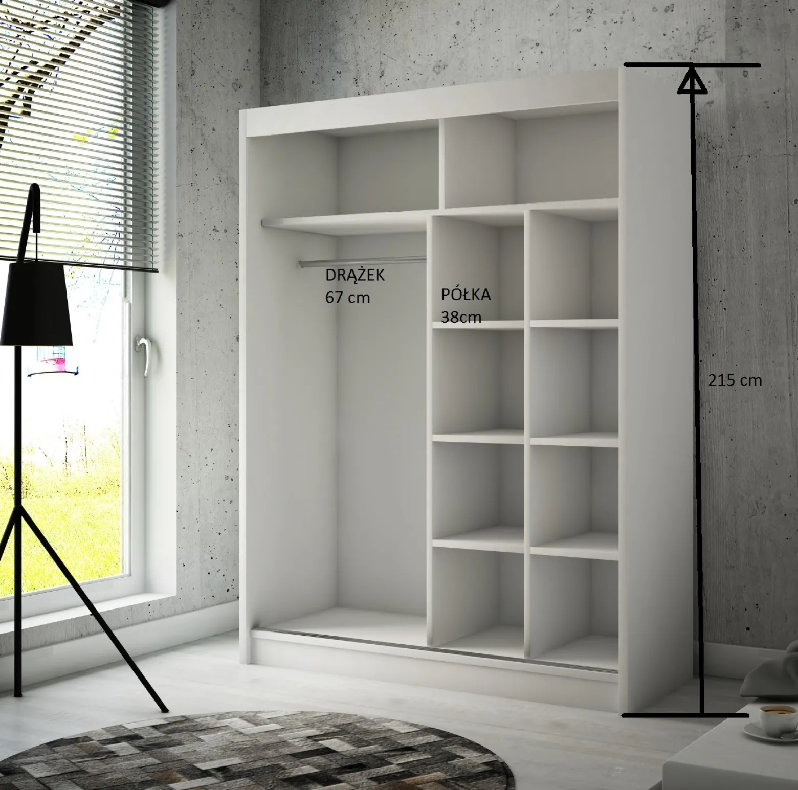 Szafa PEAK przesuwna 150 cm - Biała mat + lacobel biały