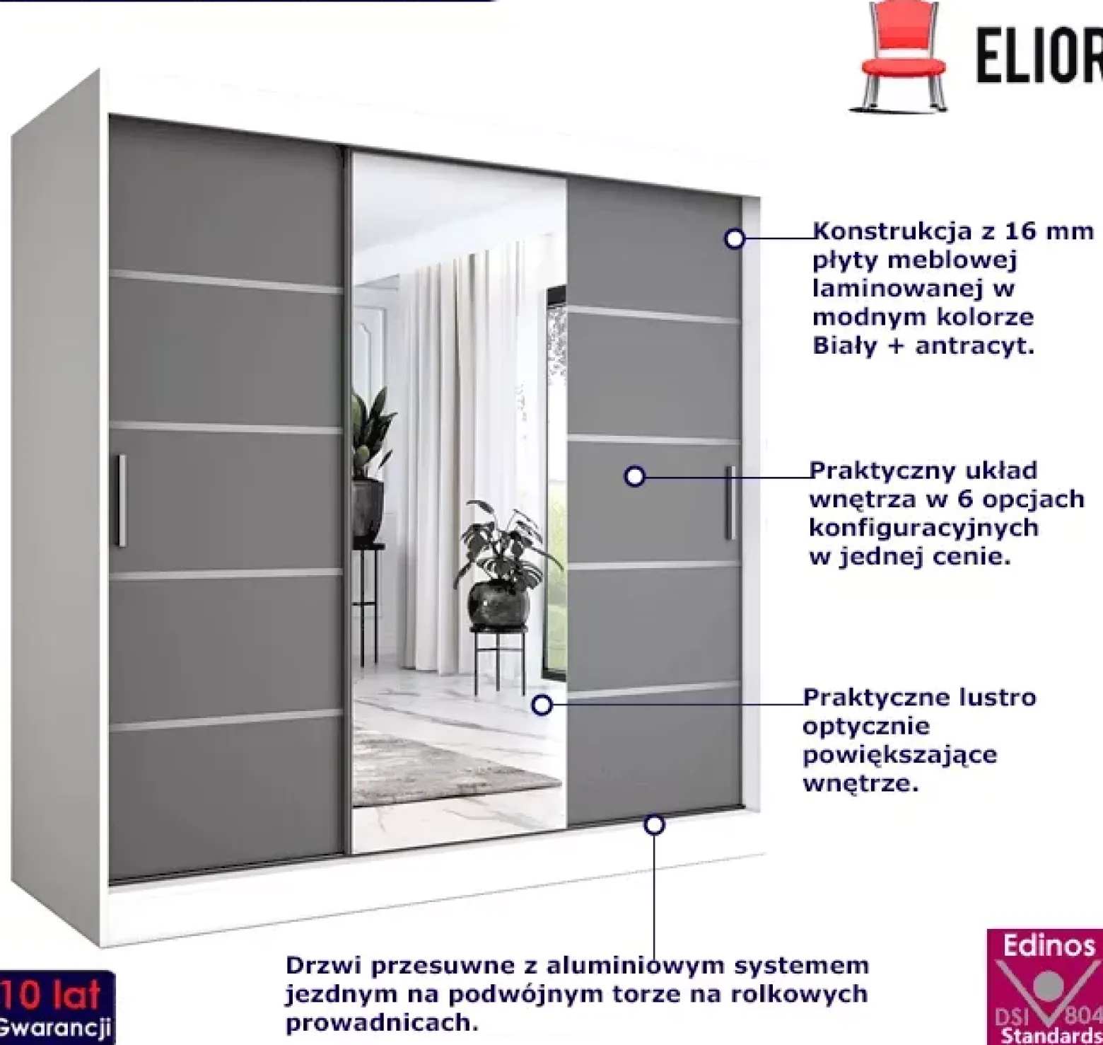 Szafa przesuwna 200 cm biały + antracyt - Zeeno