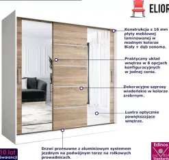 Szafa przesuwna 200 cm biały + dąb sonoma - Vereon