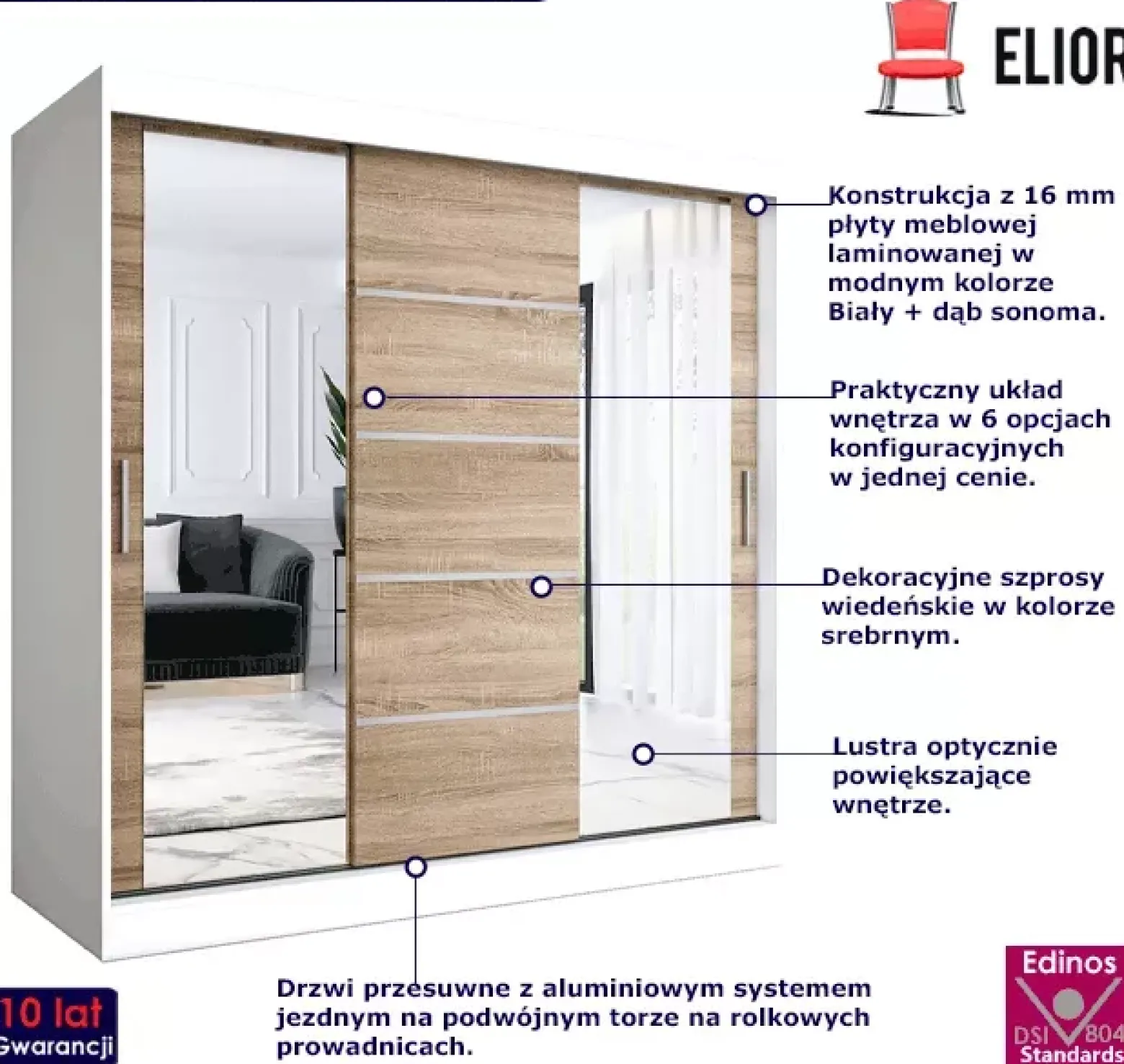 Szafa przesuwna 200 cm biały + dąb sonoma - Vereon