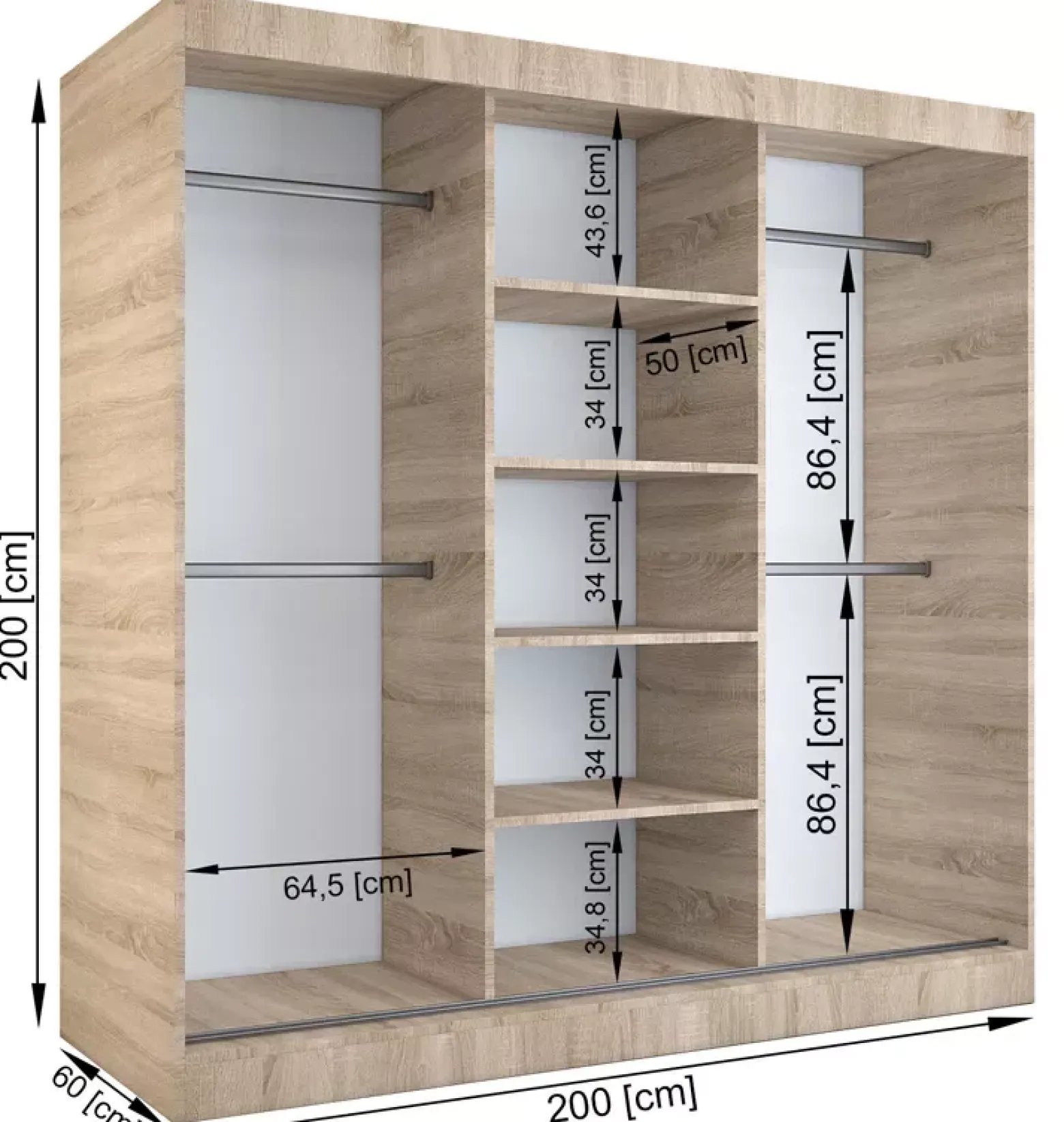 Szafa przesuwna 200 cm biały + dąb sonoma - Vereon