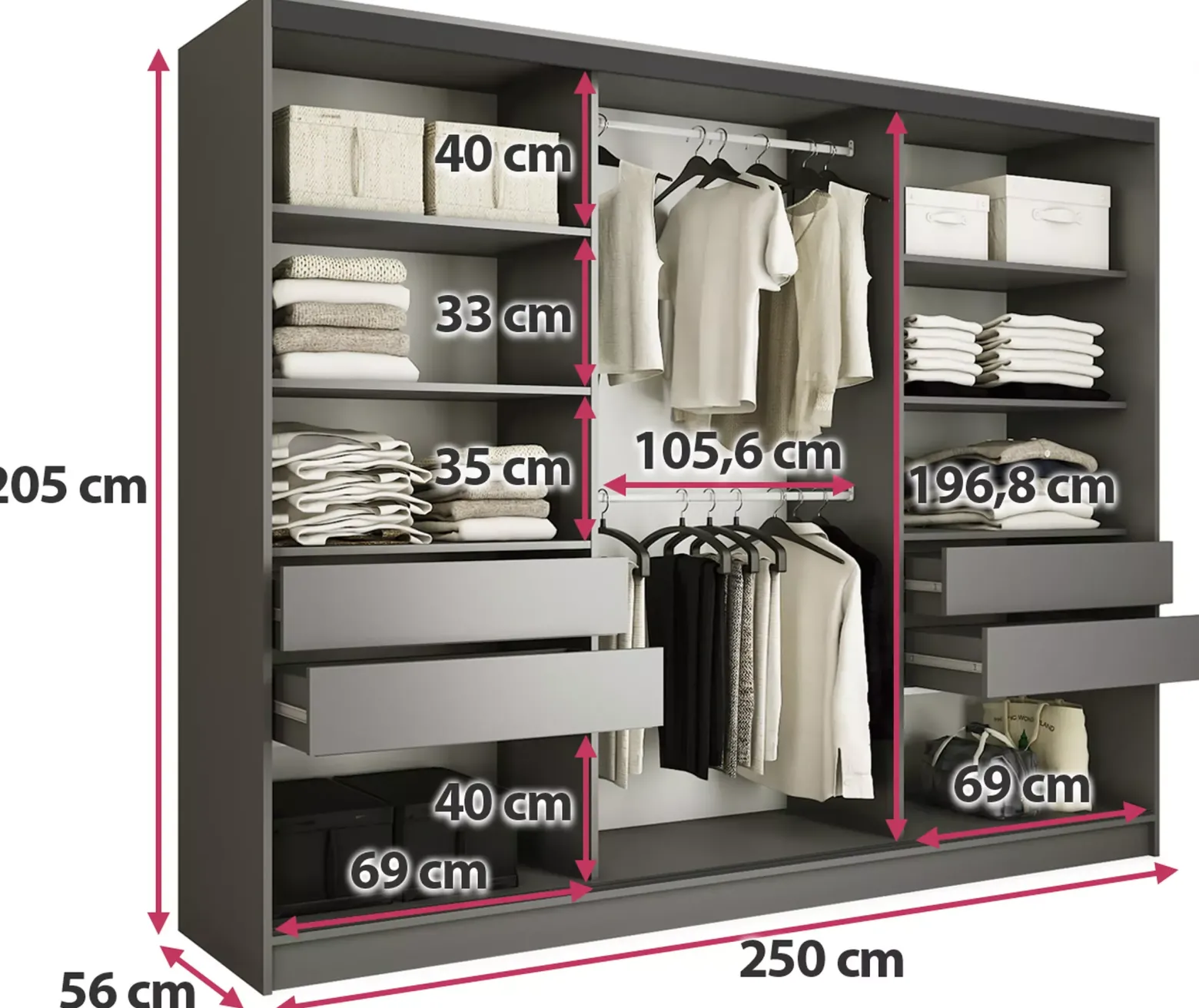 Szafa przesuwna 250 cm LOFT z półkami
