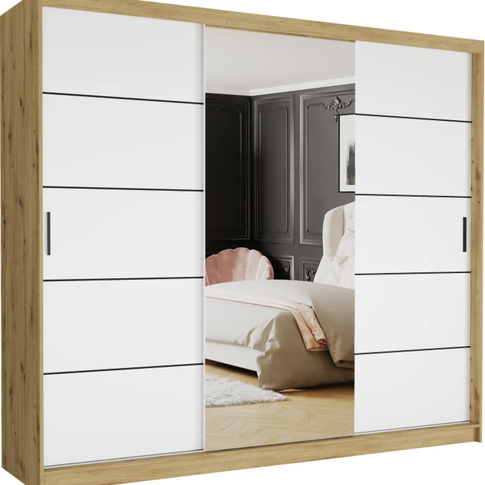 Szafa przesuwna 250 cm z lustrem szprosy FRAMIRE Norvio II artisan biały