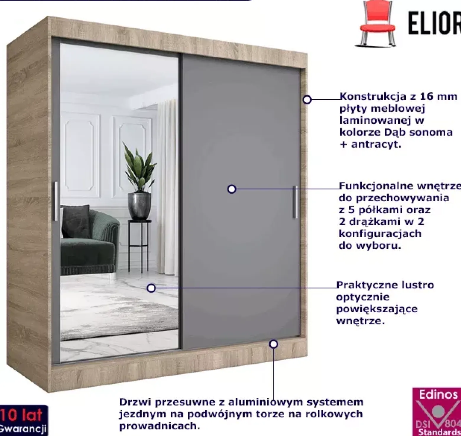 Szafa przesuwna dąb sonoma + antracyt 180 cm - Avtica