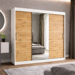Szafa przesuwna RIO-3 180cm dąb artisan + biały + srebrne dodatki