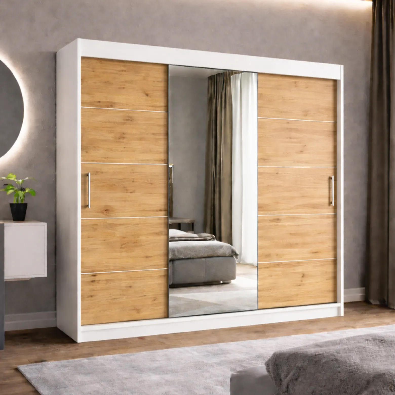 Szafa przesuwna RIO-3 180cm dąb artisan + biały + srebrne dodatki
