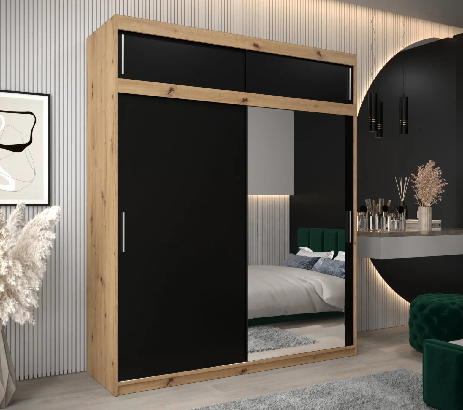 Szafa przesuwna Tokyo 2 200 artisan + czarny z nadstawką