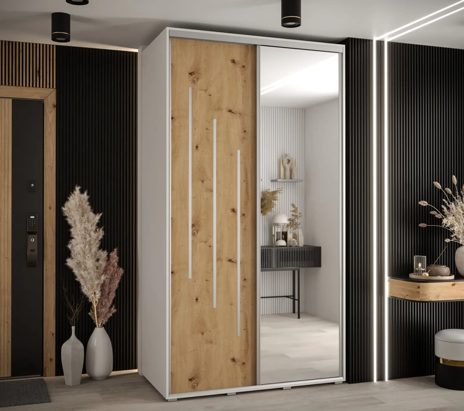 Szafa przesuwna 60 wysoka Davos 9 140 biały+artisan+srebrny