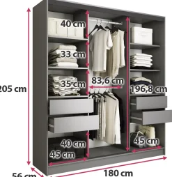 Szafa przesuwna z lustrem 180 cm LOFT z półkami
