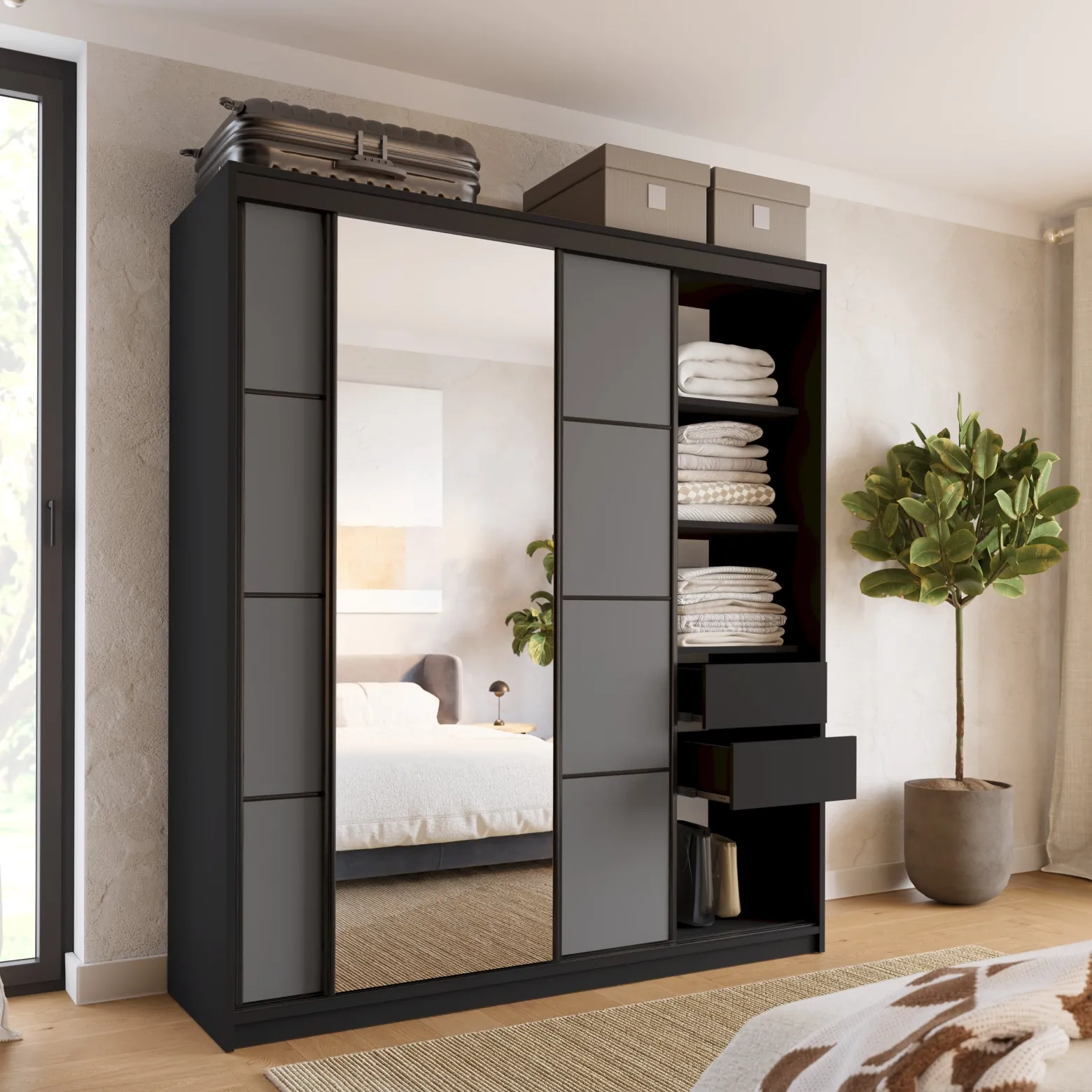 Szafa przesuwna z lustrem 180 cm LOFT z półkami