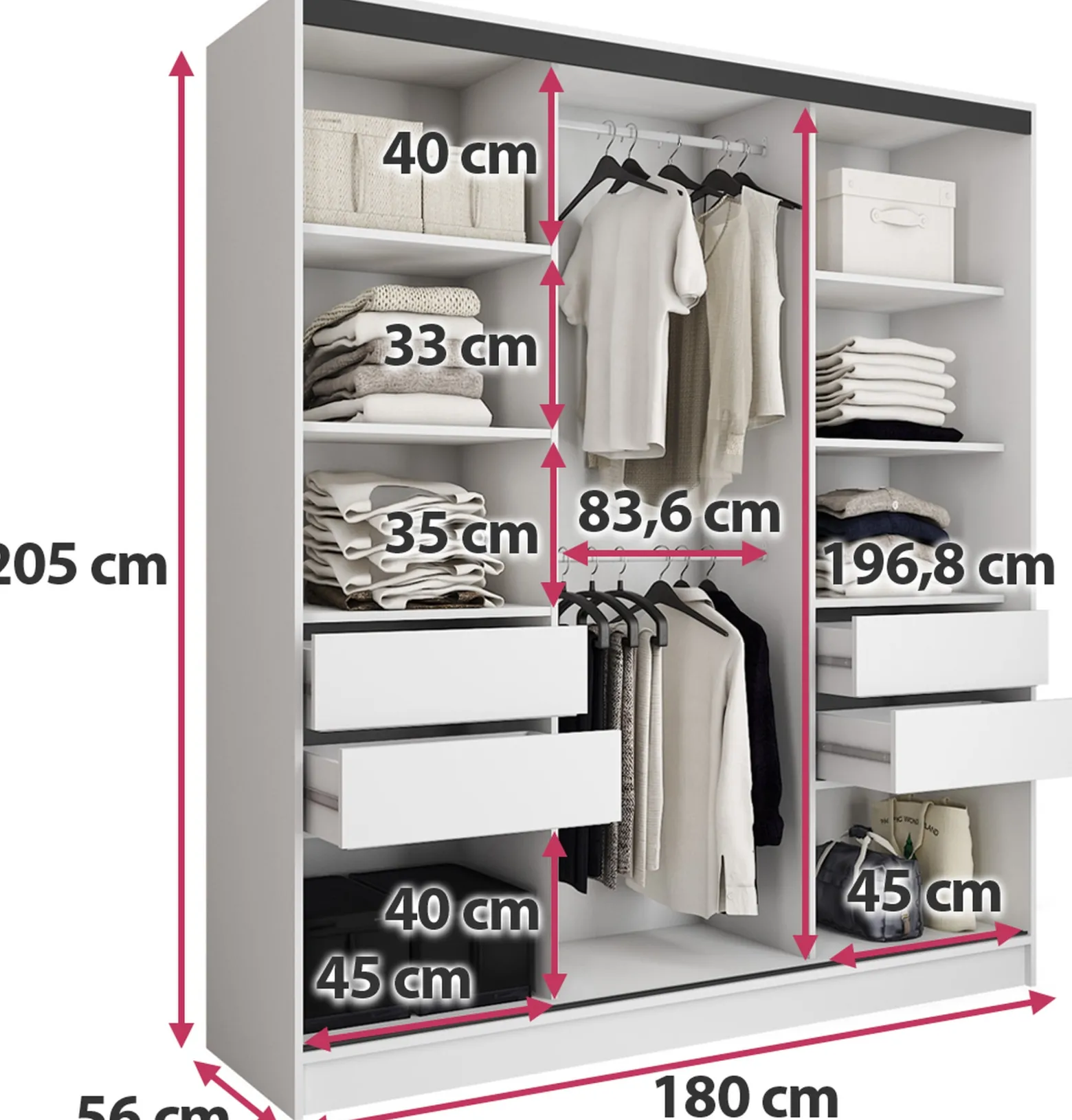 Szafa przesuwna z szufladami 180 cm biała LOFT