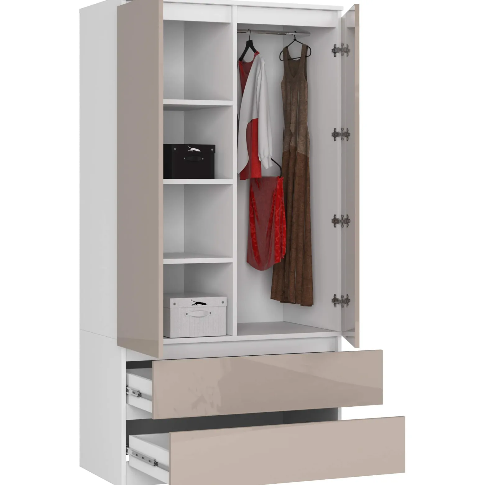 Szafa S 90 cm 2 drzwi 2 szuflady - biała-cappuccino połysk