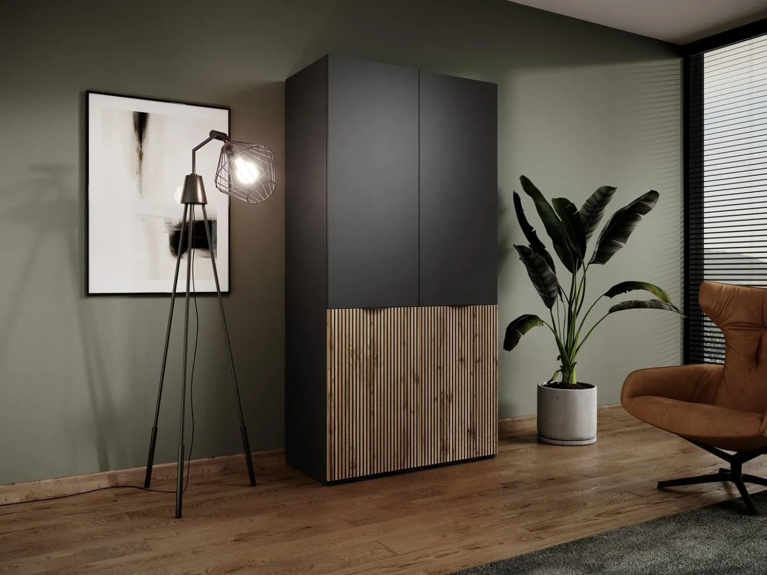 Szafa SENTINO uchylna 100cm elegancka Czarna + Dąb Wotan