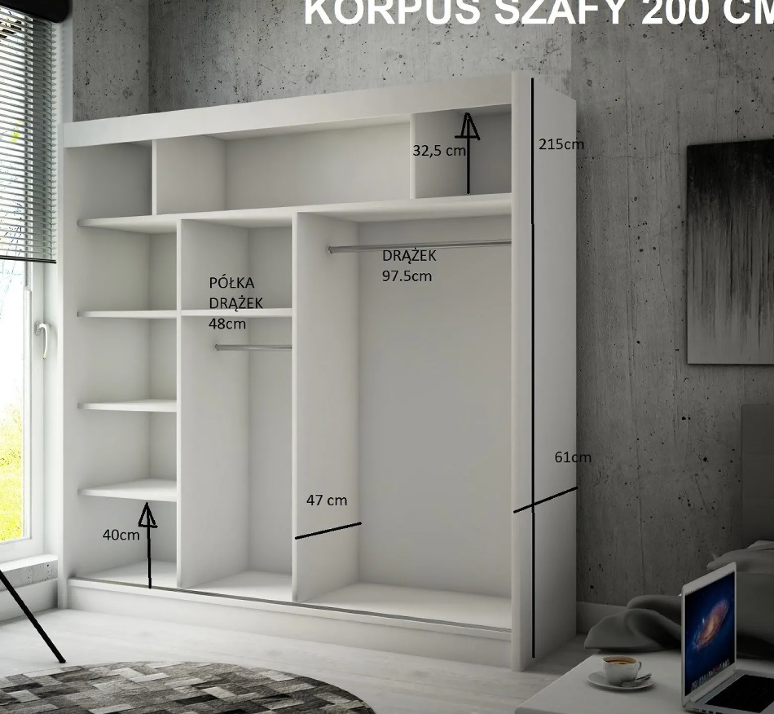 Szafa z lamelami i lustrem 200 cm - biała + lam. craft złoty