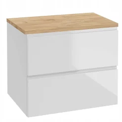 Szafka Łazienkowa Wisząca Biała z Blatem Dąb Złoty 60 cm Front Połysk
