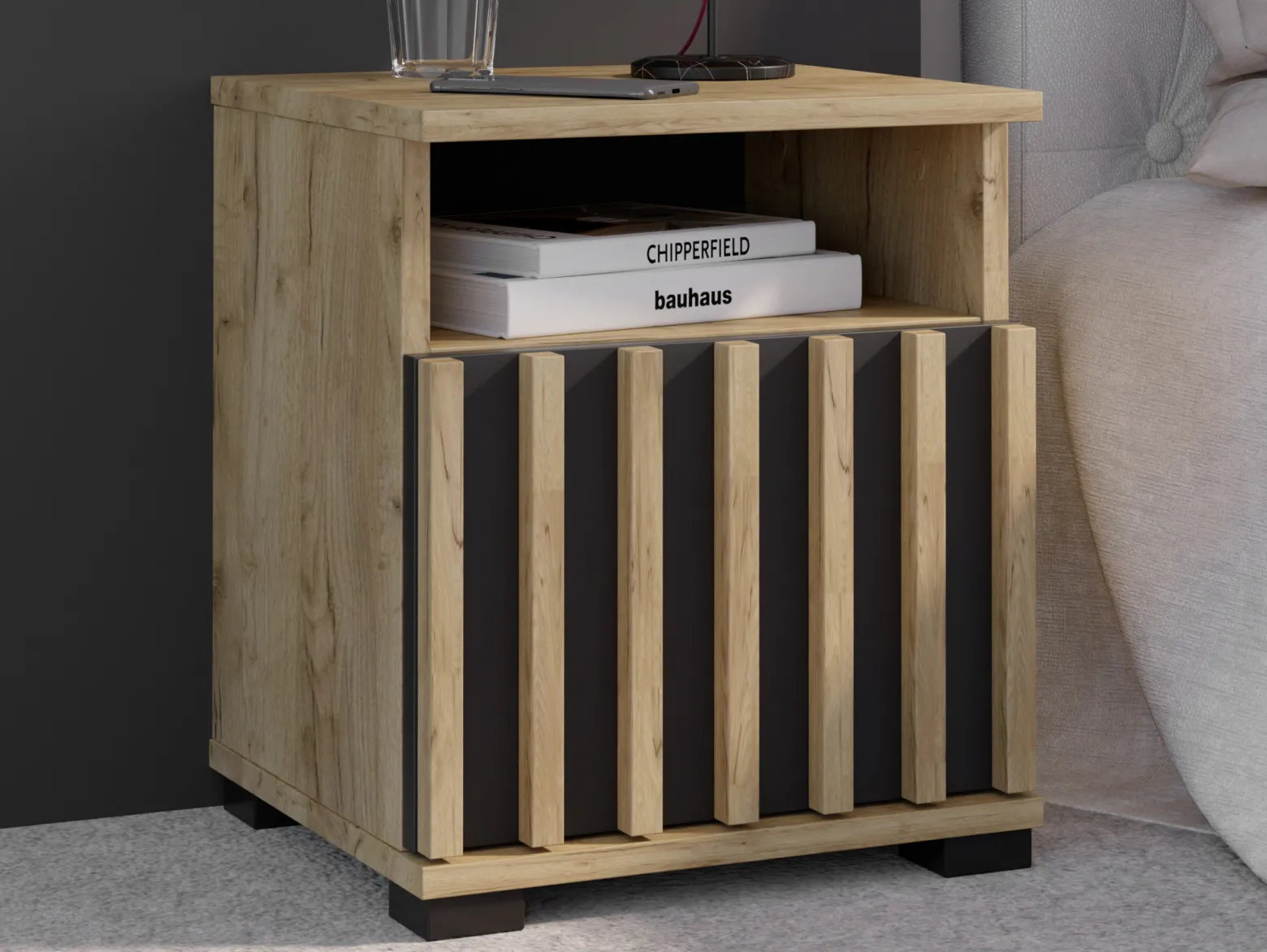 Szafka nocna MONTANA SN40 design z lamelami, dąb craft + czarny