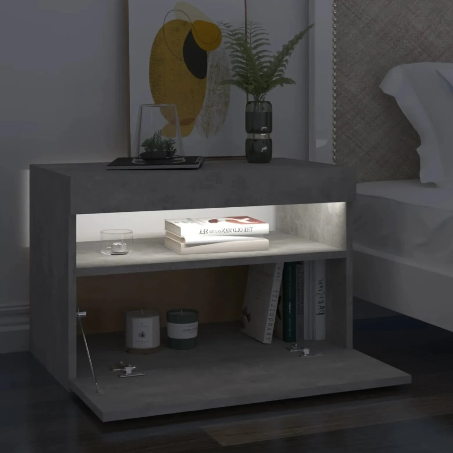 Szafka Nocna Stolik Komoda Szara z LED Do Sypialni 60x35x40 cm