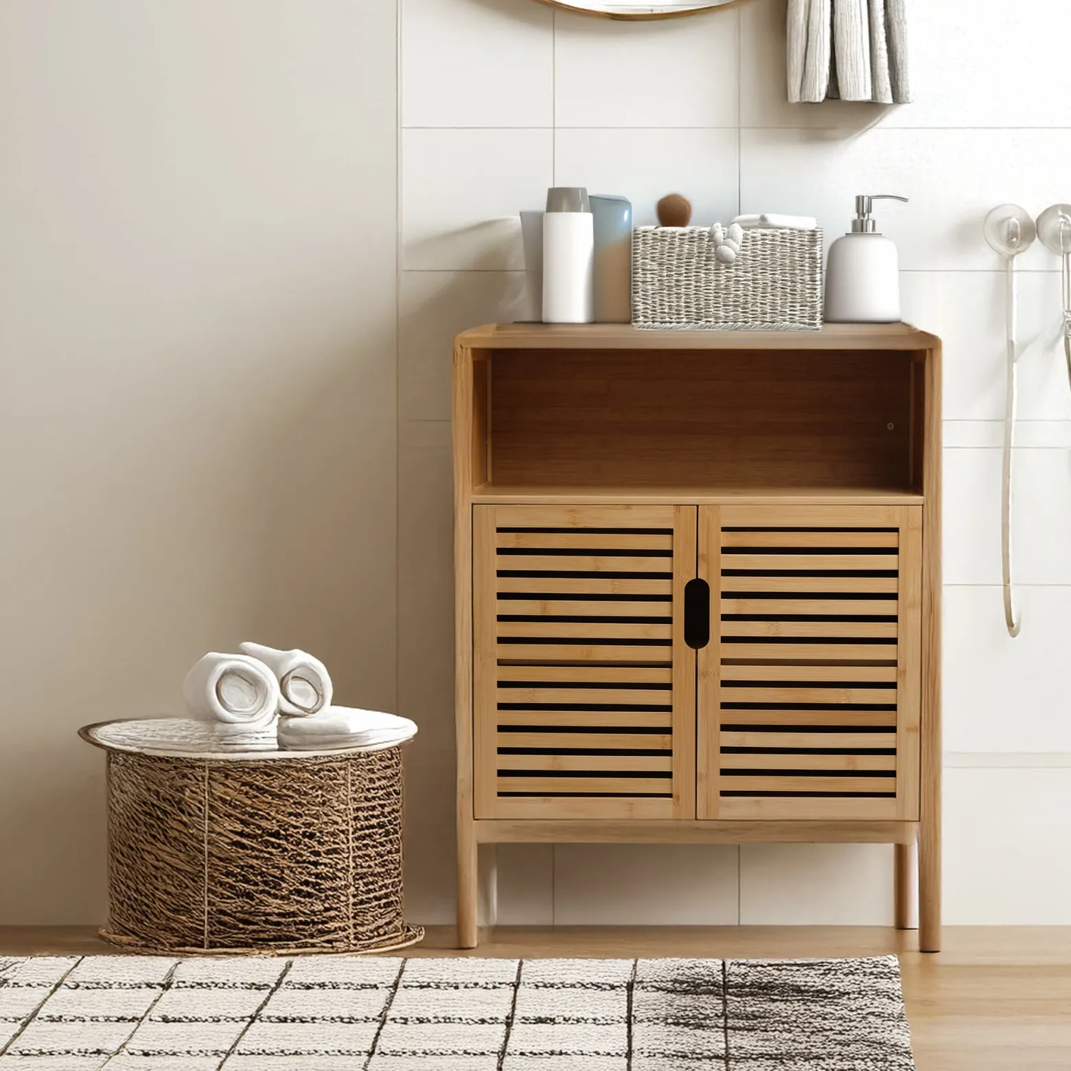 Szafka Łazienkowa Bambusowa z blatem Stojąca z półkami Regał 81x65x31cm