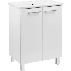 Szafka Łazienkowa Biała Stojąca z Umywalką 60 x 40 cm Połysk Bateria Boczna