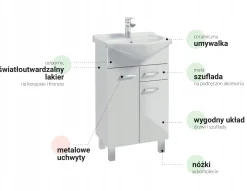 Szafka łazienkowa stojąca z umywalką biała na nóżkach 55